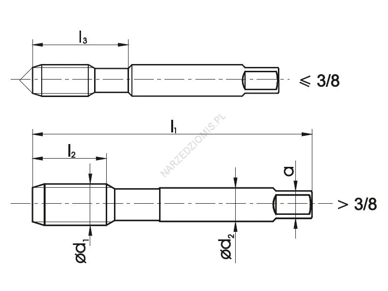 Rysunek techniczny: Gwintownik ręczny DIN 2181/2 UNF/2 1" 12zw. 2B HSS